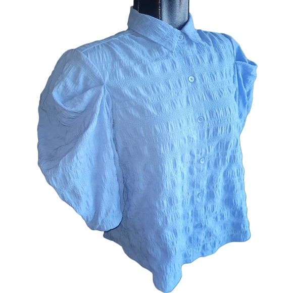 Icone By Simons Light Blue Textured Button-Up Blouse M - Picture 3 of 7